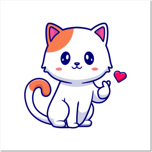 Cute Cat With Love Sign Hand Cartoon Posters and Art